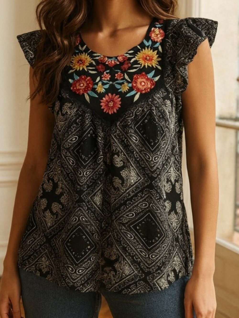 Savanna Jane Colorful Embroidered Floral Black Short Sleeve Blouse Top